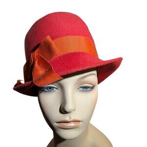 Vintage 50s Red Fur Felt Cloche Hat Orange Ribbon Bow Mid-Century Mod Fedora